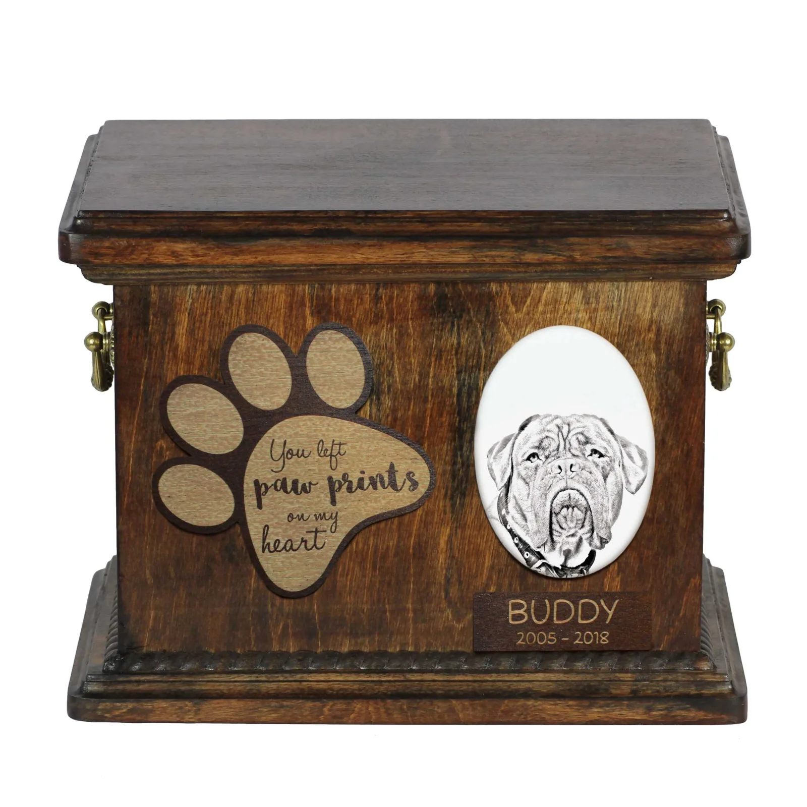 Persoonlijke urn voor Dogue de Bordeaux met foto en as van uw hond