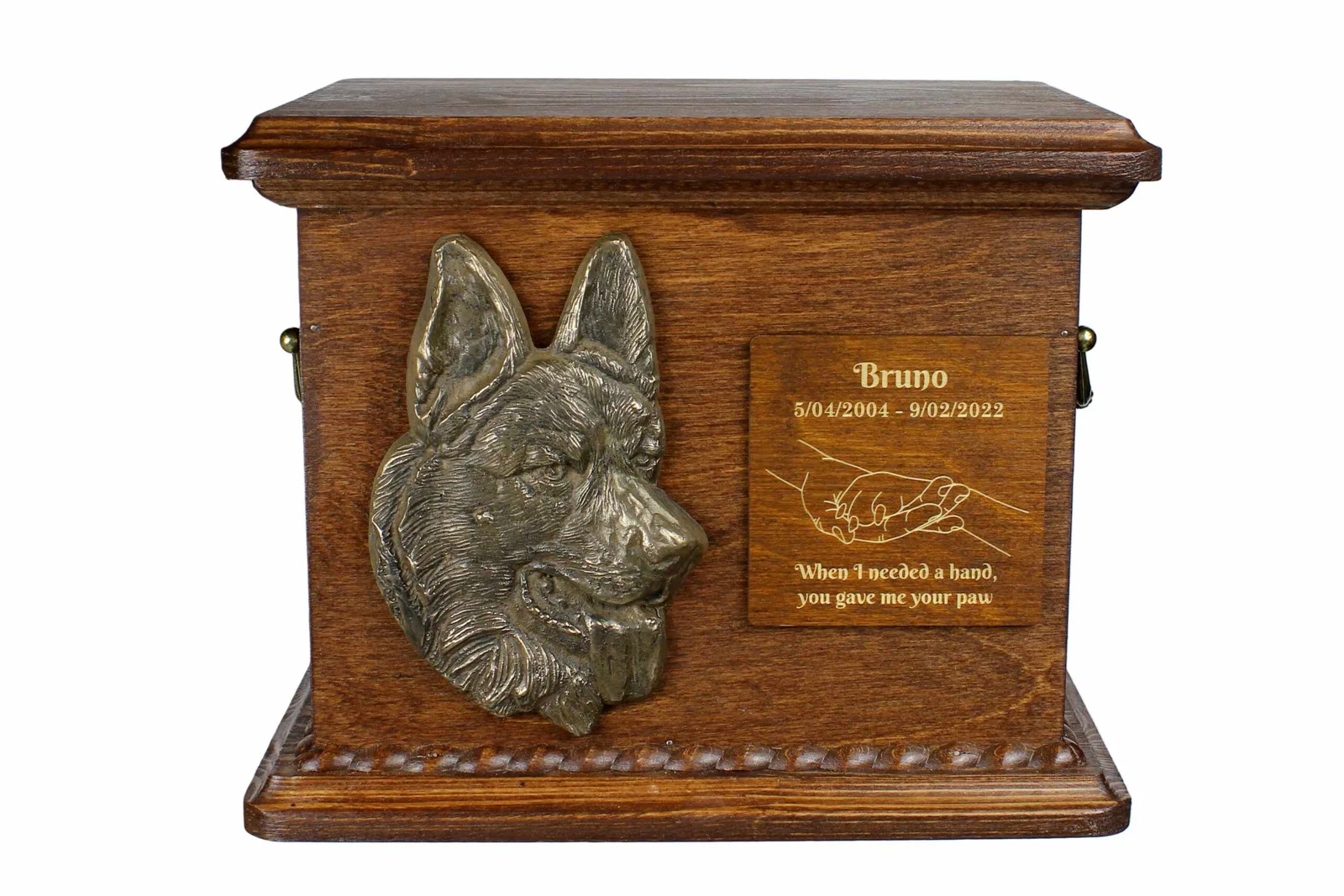 Persoonlijke urn voor Duitse Herder met gravure en reliëf voor as.