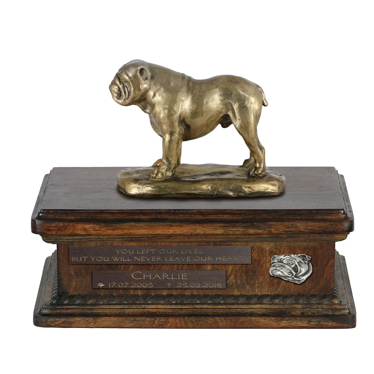 Persoonlijke urn voor Engelse Bulldog met beeldje en houten design