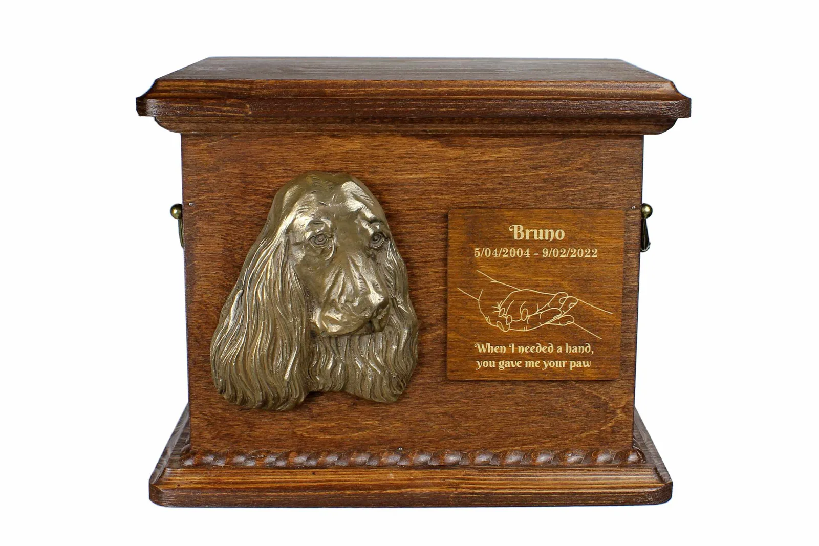 Persoonlijke urn voor Engelse Cocker Spaniel met gravure en reliëf