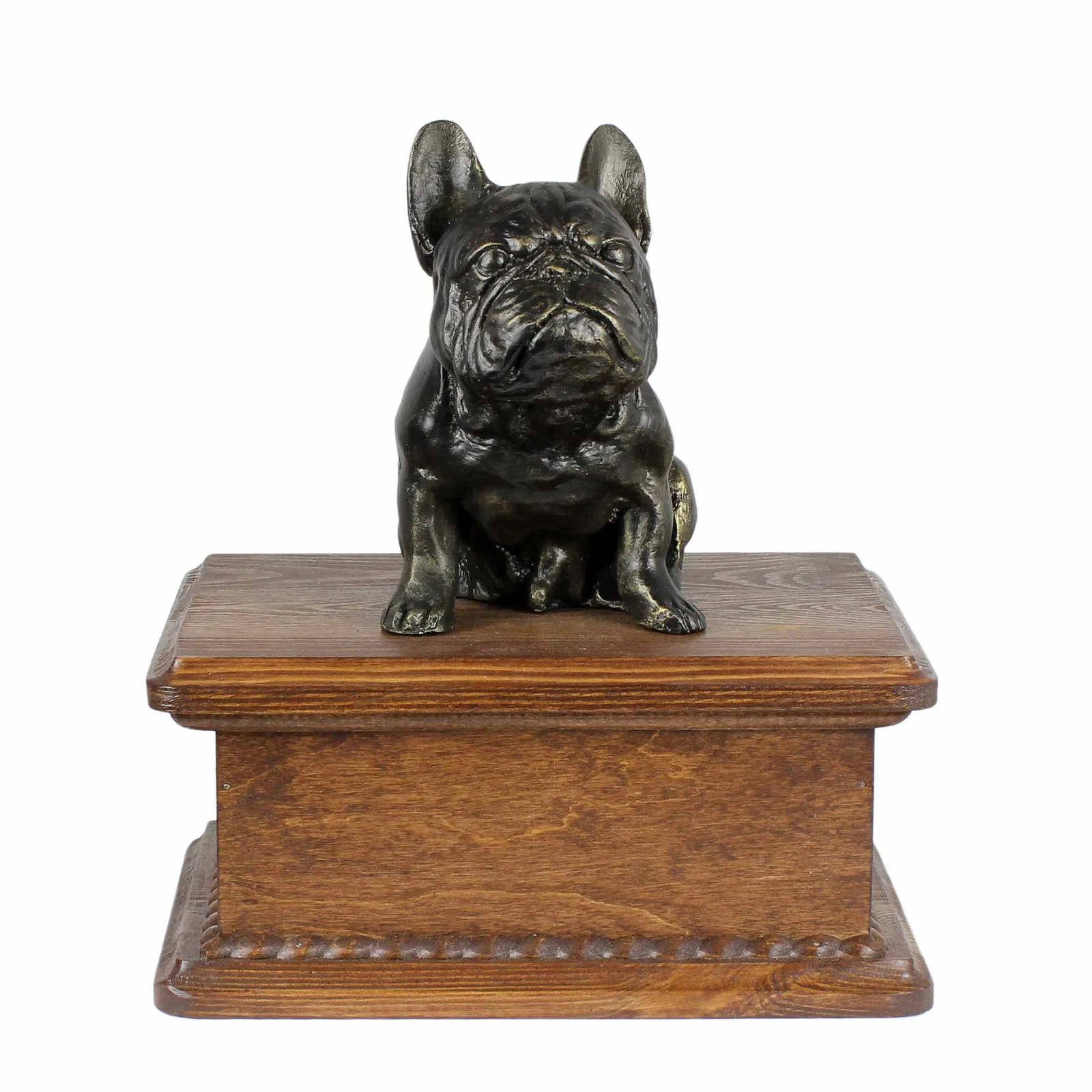 Persoonlijke urn voor Franse Bulldog met beeldje en houten afwerking