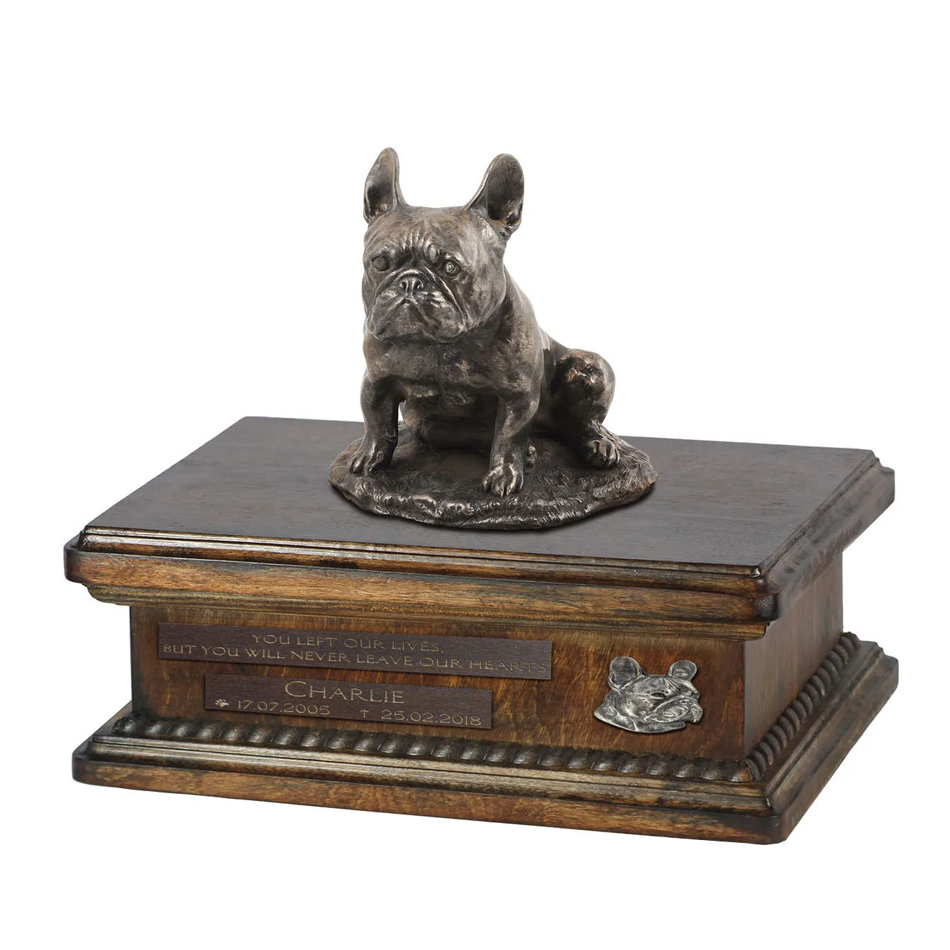 Persoonlijke urn voor Franse Bulldog met beeldje en houten design