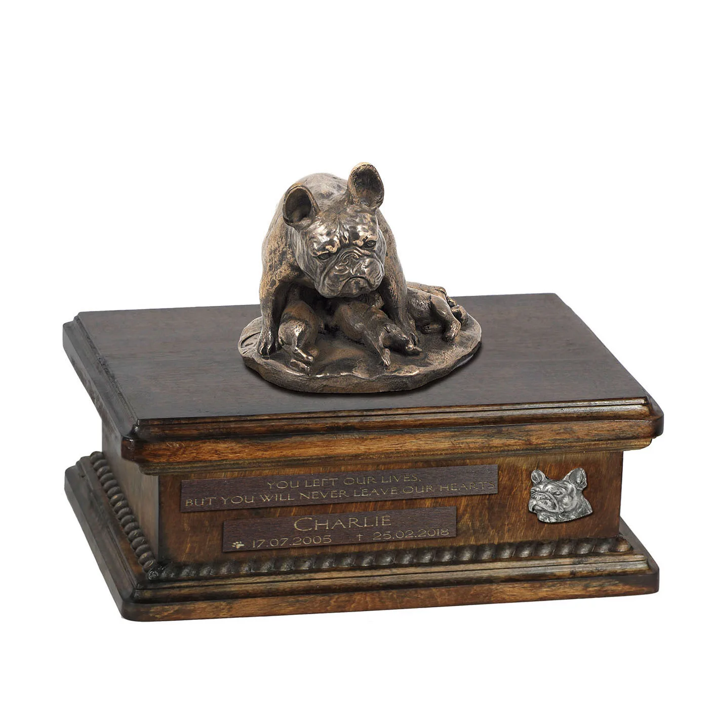 Persoonlijke urn voor Franse Bulldog met beeldje en houten design