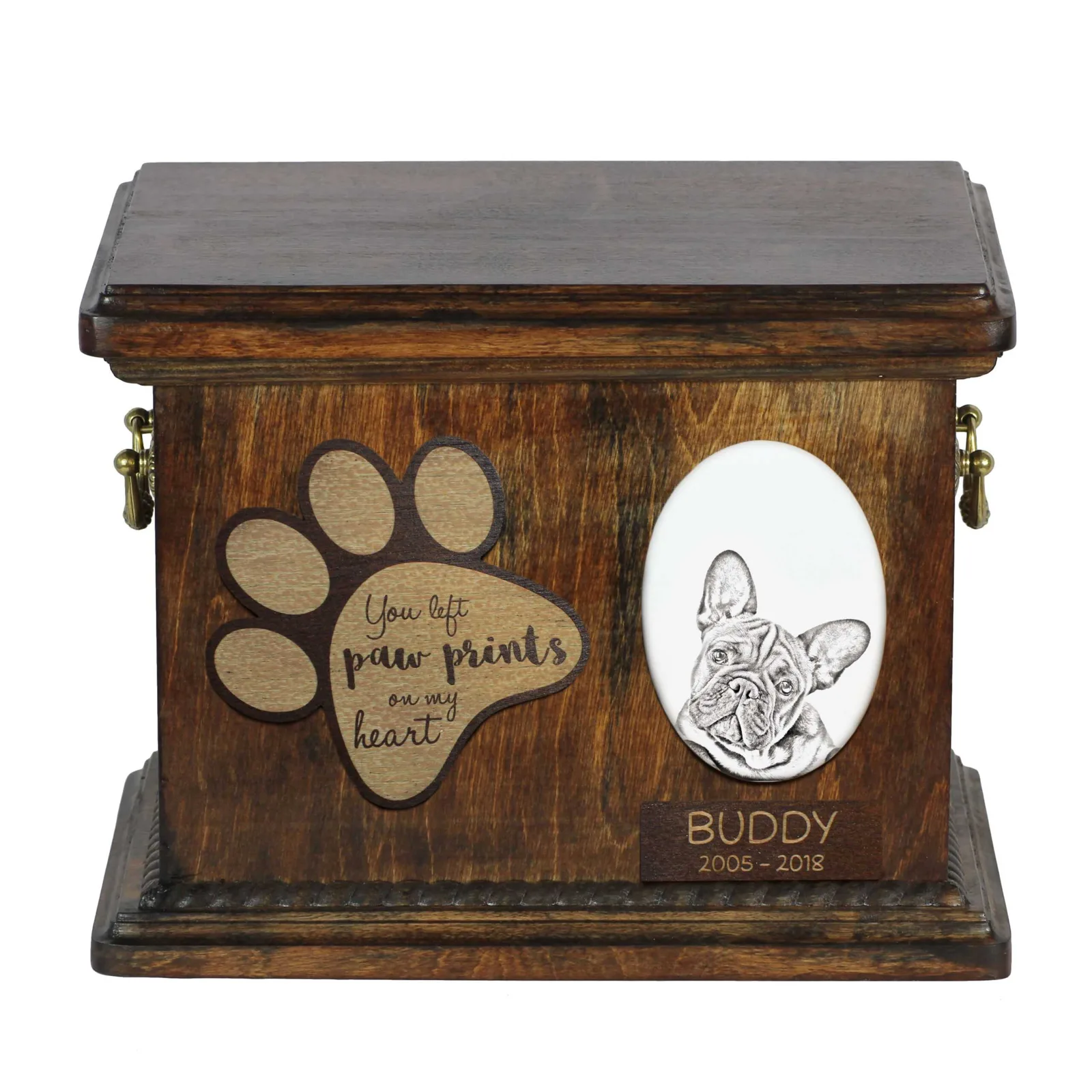 Persoonlijke urn voor Franse Bulldog met foto en as van uw hond