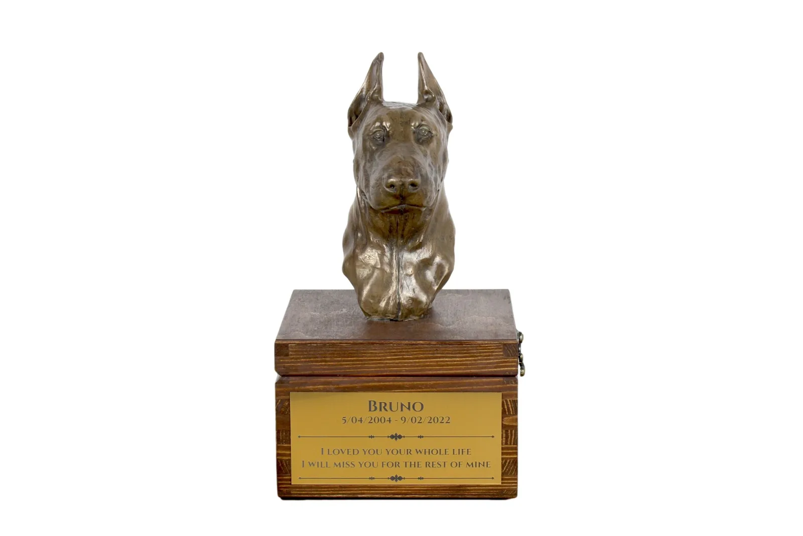 Persoonlijke urn voor hond met beeldje van Dobermann