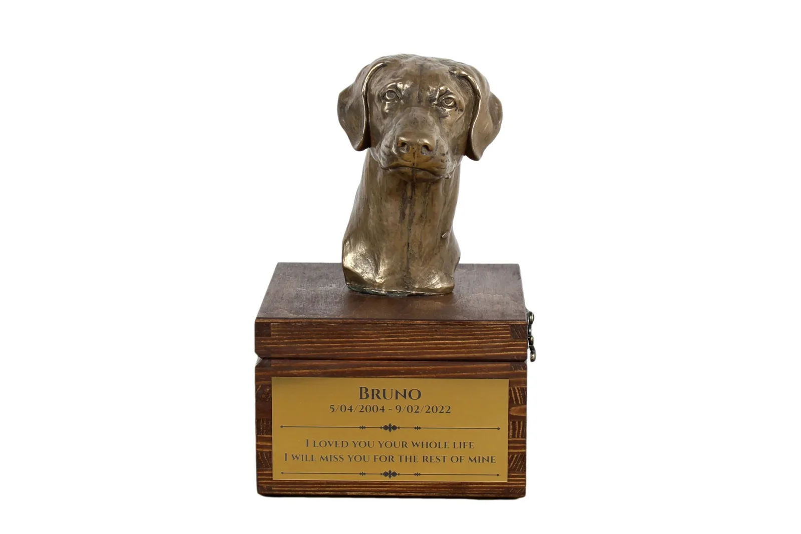 Persoonlijke urn voor hond met beeldje van Dobermann