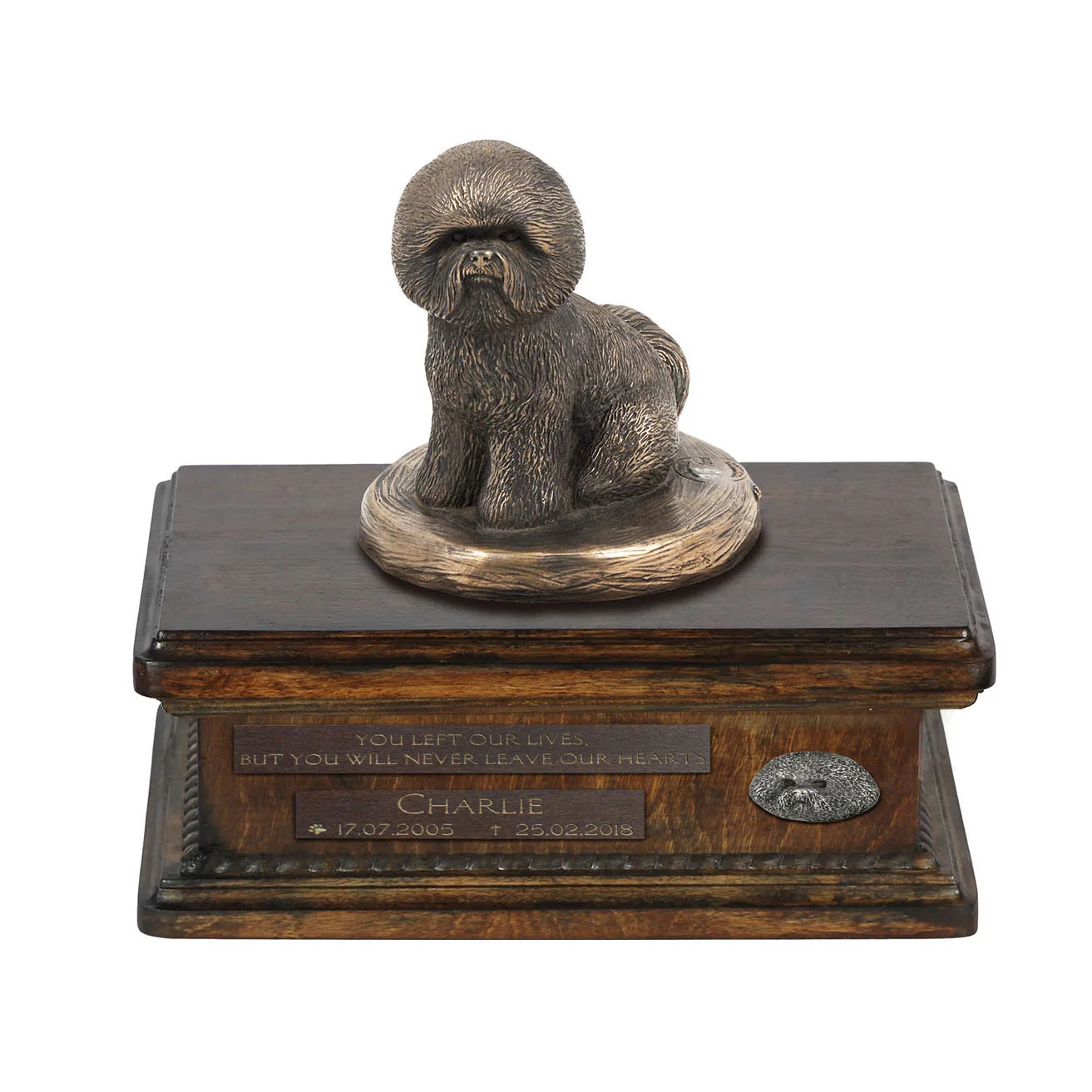 Persoonlijke urn voor hondenas met Bichon Frise beeldje in hout