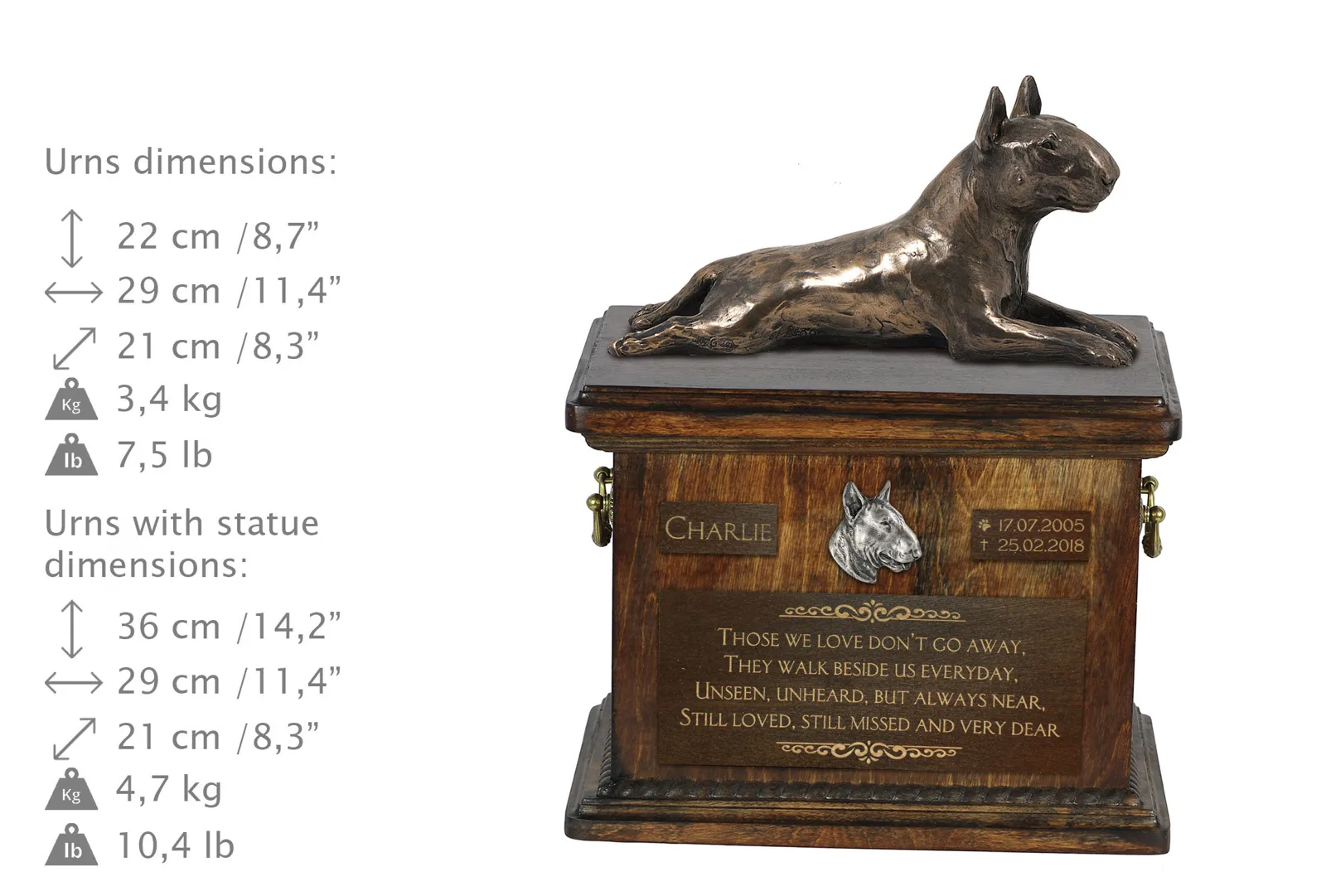 Persoonlijke urn voor hondenas met Bull Terrier beeldje — foto 3