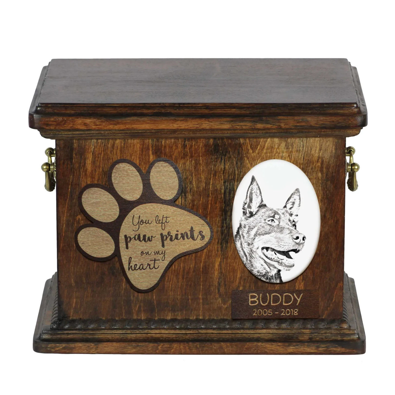 Persoonlijke urn voor hondenas met foto – Australian Kelpie, Barb, Boerenhond