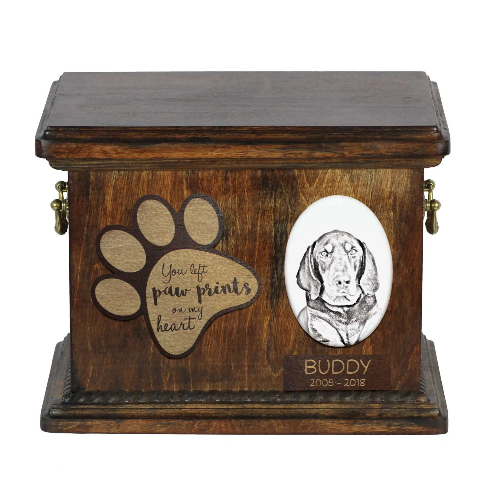 Persoonlijke urn voor hondenas van Black and Tan Coonhound met foto