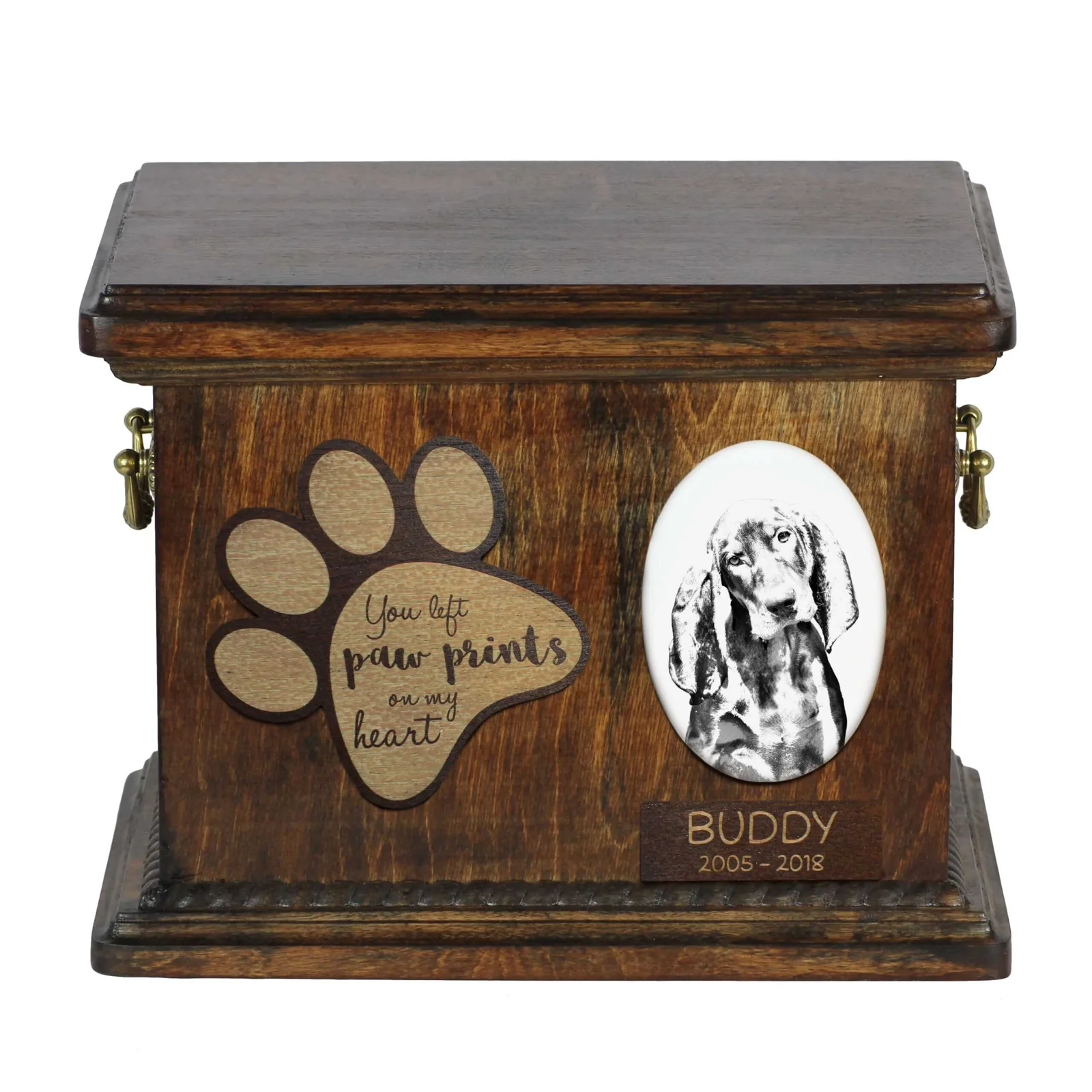 Persoonlijke urn voor hondenas van Black and Tan Coonhound met foto