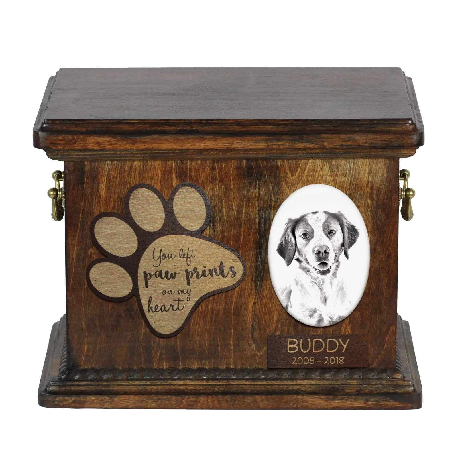 Persoonlijke urn voor hondenas van een Brittany Spaniel met foto
