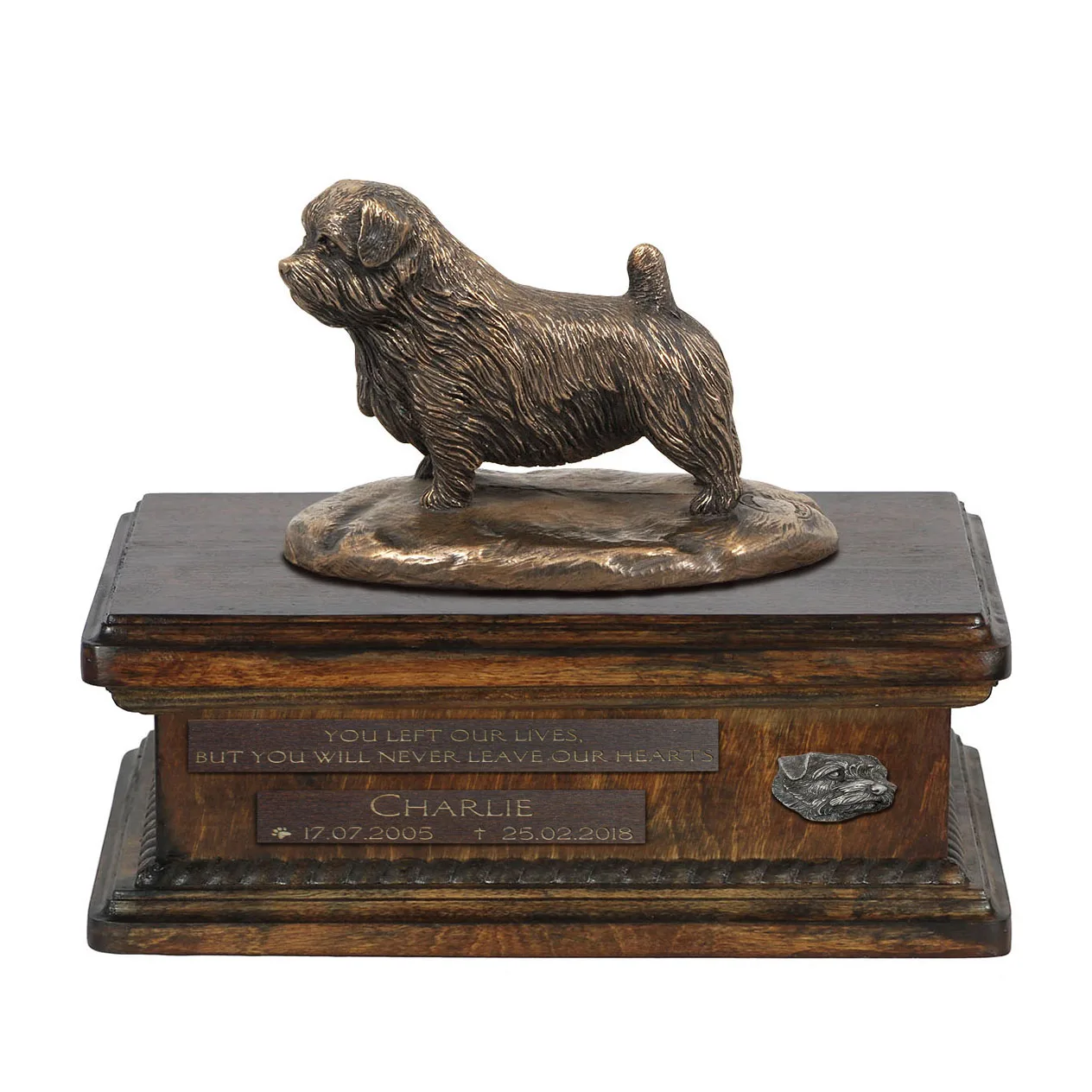 Persoonlijke urn voor Norfolk Terrier met beeldje en houten design