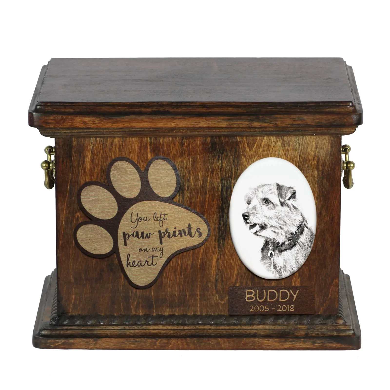 Persoonlijke urn voor Norfolk Terrier met foto en as van uw hond