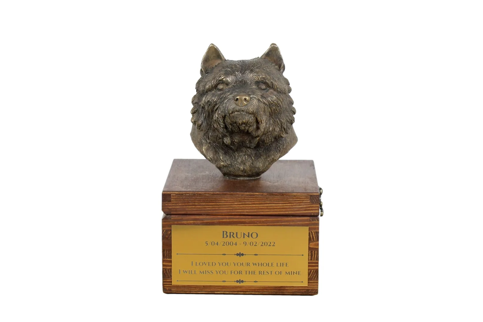 Persoonlijke urn voor Norwich Terrier met beeldje en as van uw hond