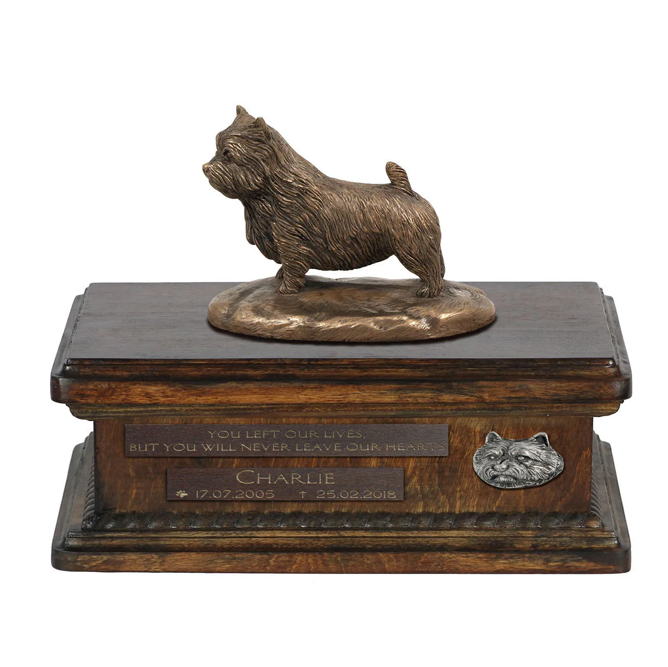 Persoonlijke urn voor Norwich Terrier met beeldje en houten design