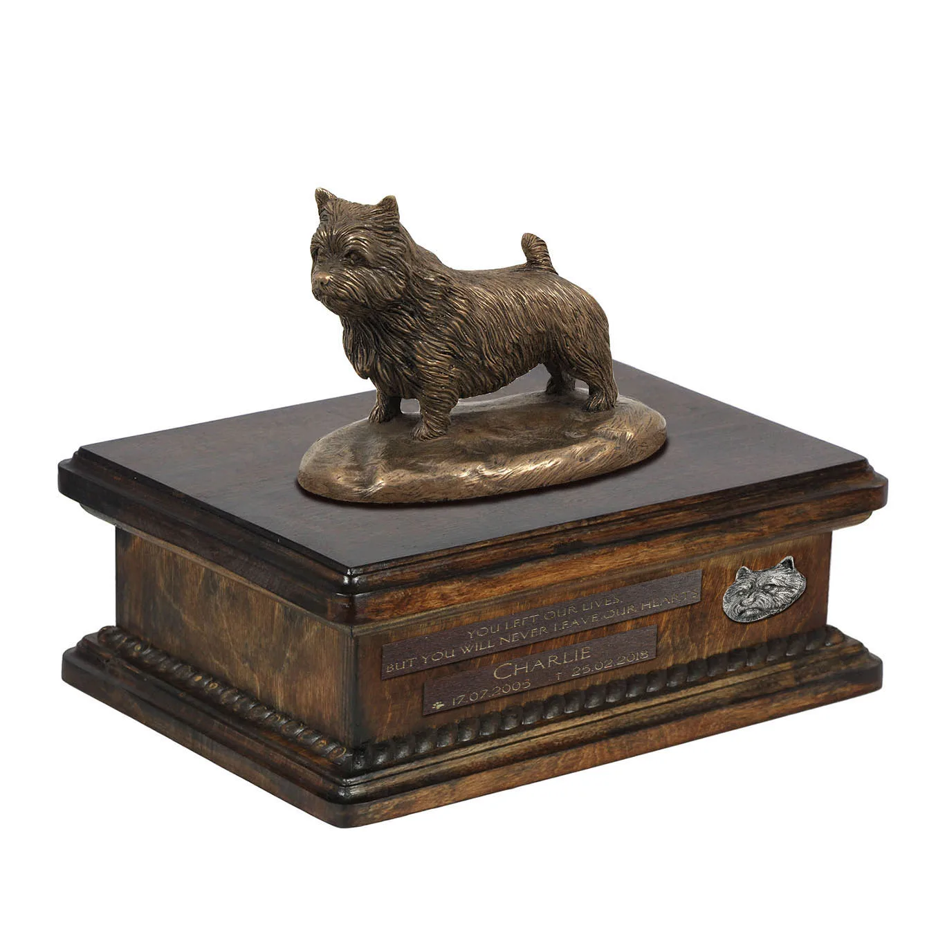 Persoonlijke urn voor Norwich Terrier met beeldje en houten design — foto 2