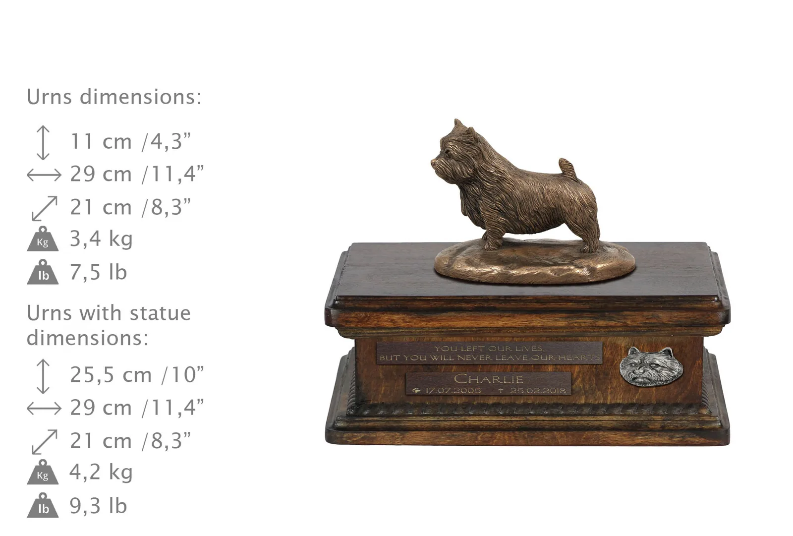 Persoonlijke urn voor Norwich Terrier met beeldje en houten design — foto 4