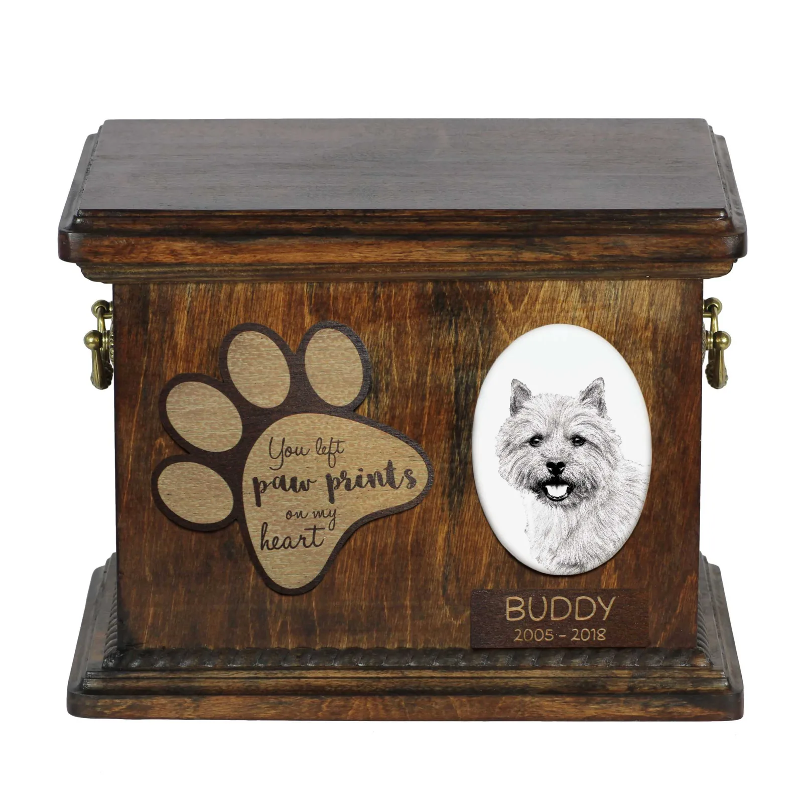 Persoonlijke urn voor Norwich Terrier met foto en as van uw hond