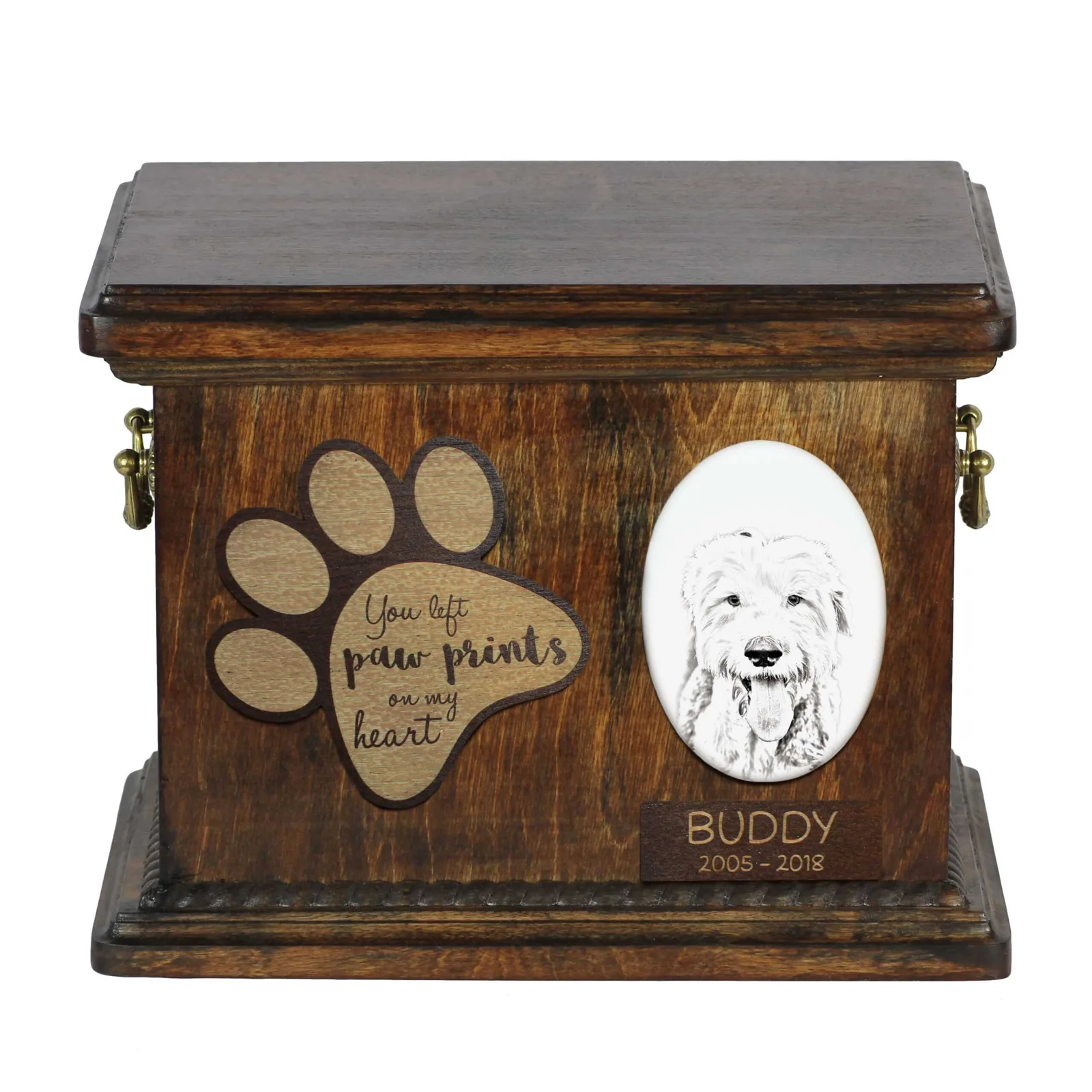 Persoonlijke urn voor Old English Sheepdog met foto en as.