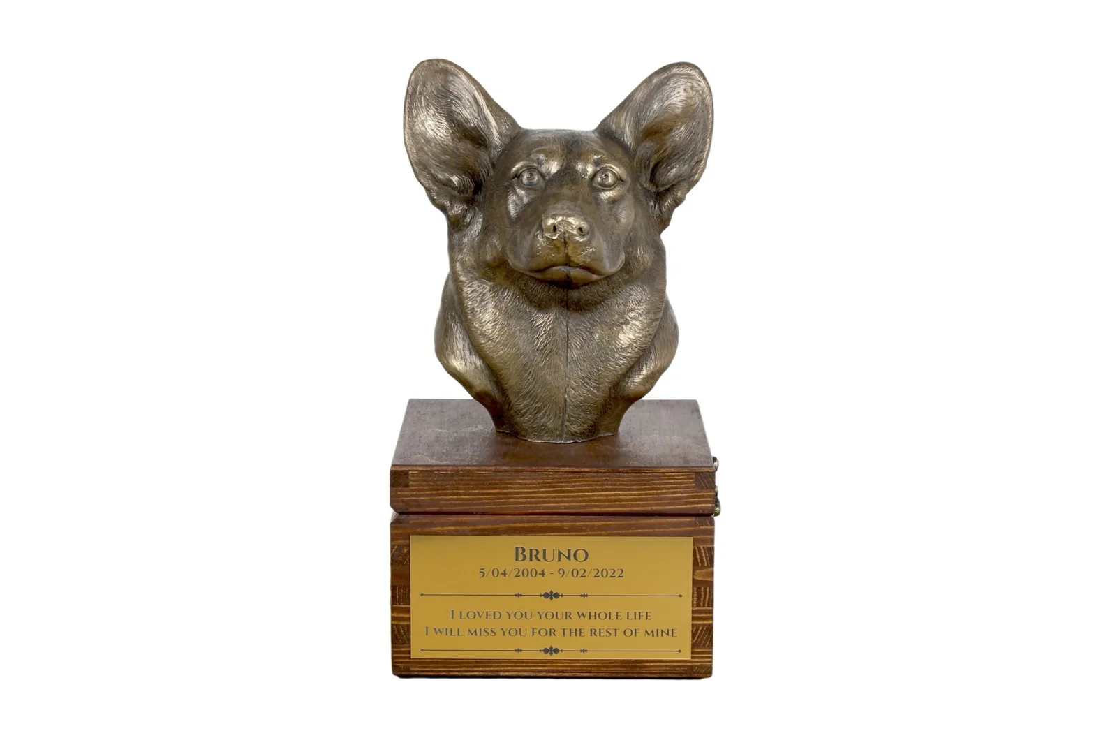 Persoonlijke urn voor Pembroke Welsh Corgi met beeldje van hond