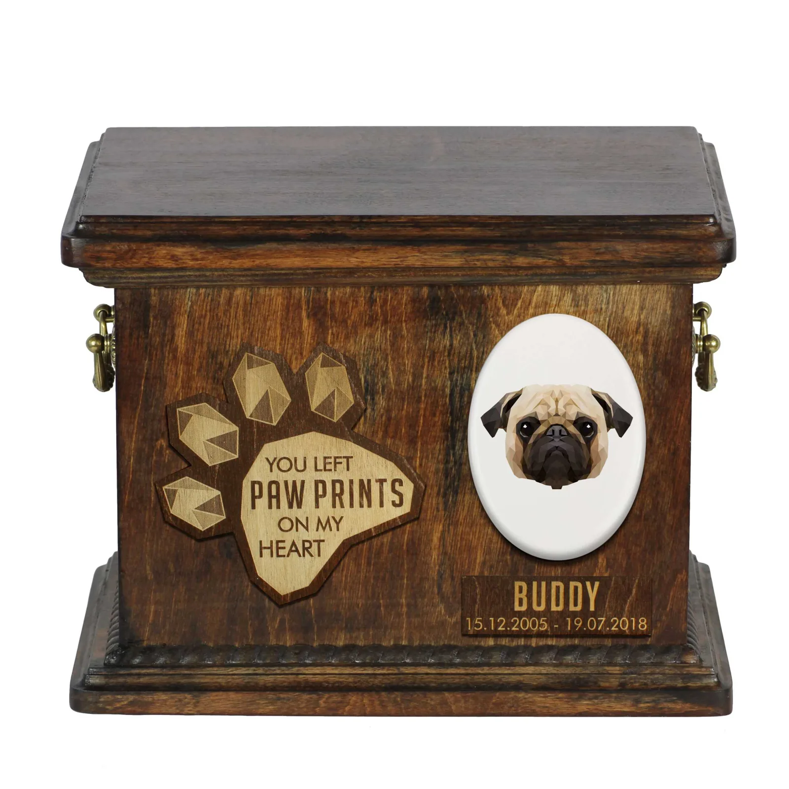 Persoonlijke urn voor Pug-hondenas, met gravure en gedenkdoos
