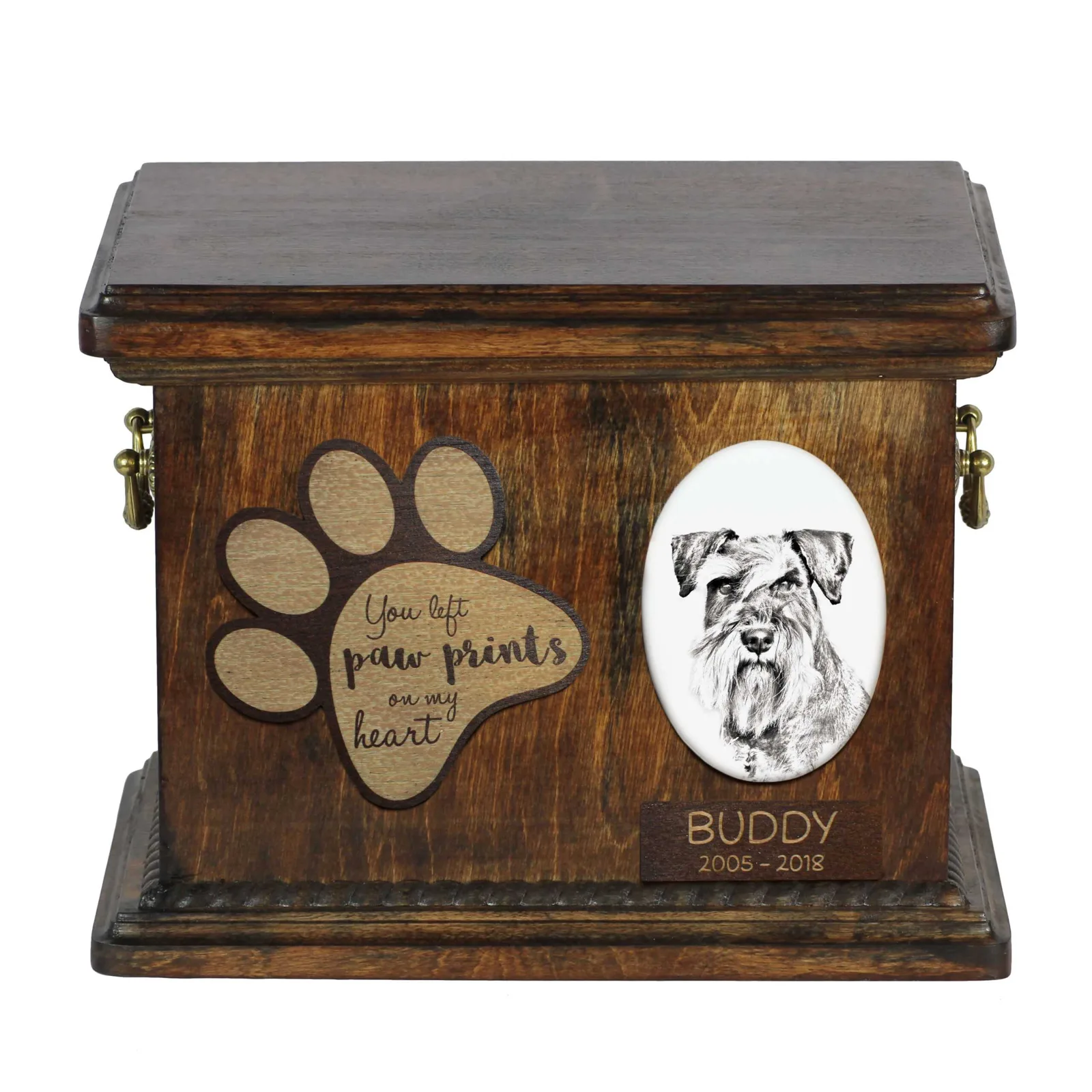 Persoonlijke urn voor schnauzer met foto en as van uw hond