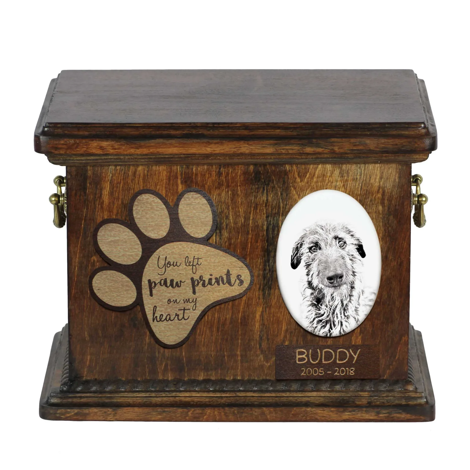 Persoonlijke urn voor Scottish Deerhound met foto en as van uw hond