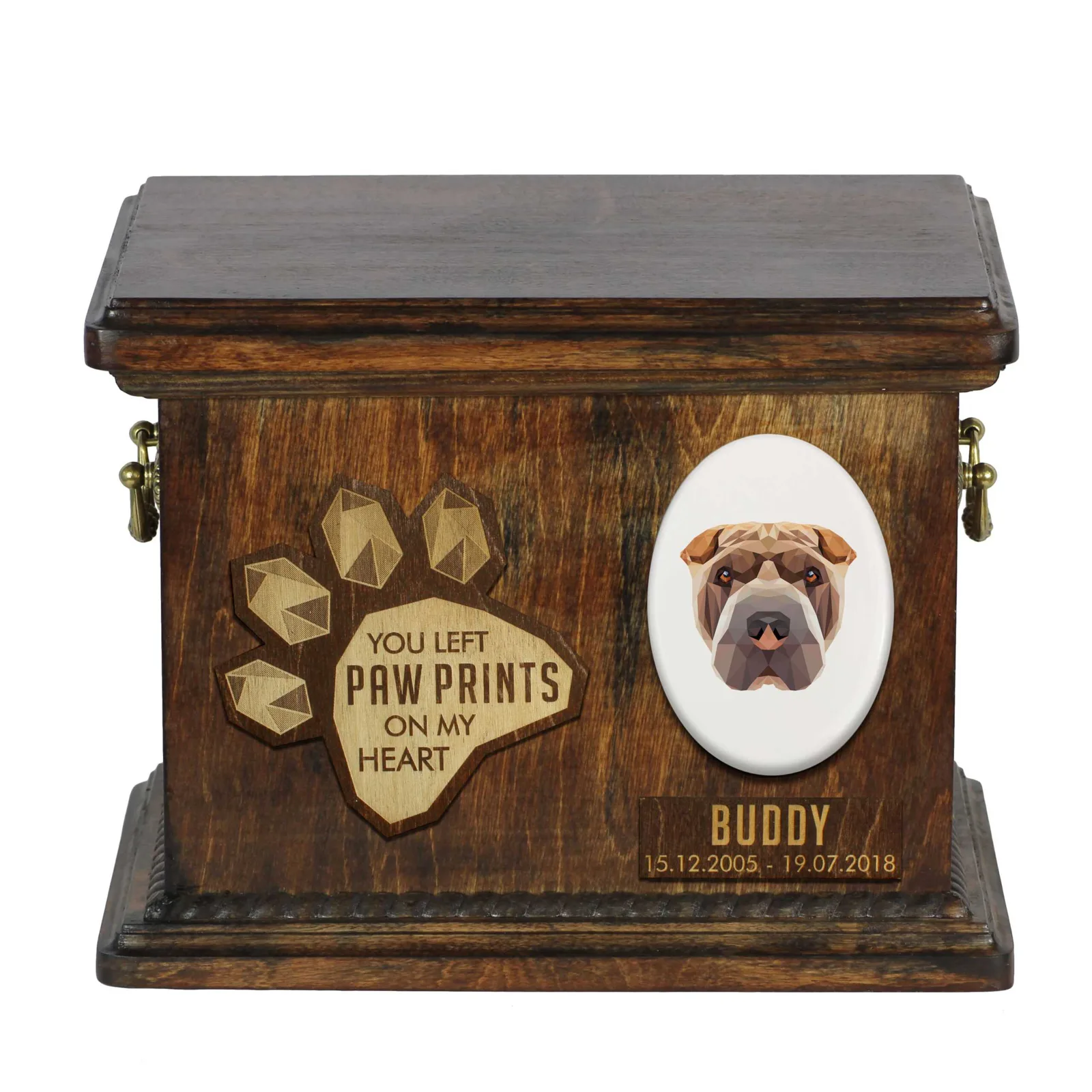 Persoonlijke urn voor Shar Pei-hondenas, met gravure en gedenkdoos