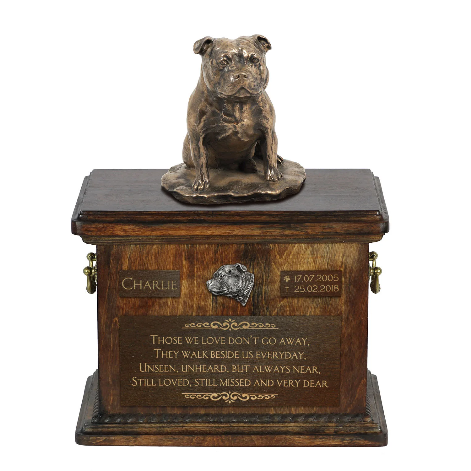 Persoonlijke urn voor Staffordshire Bull Terrier met beeldje