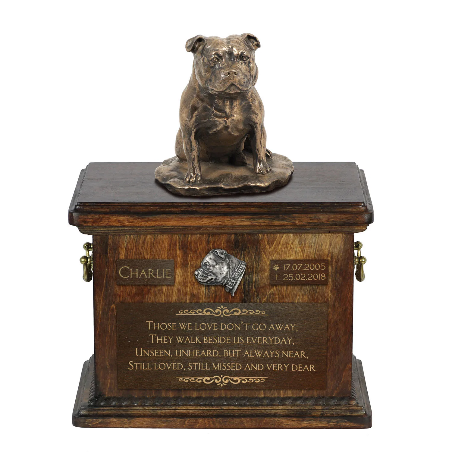 Persoonlijke urn voor Staffordshire Bull Terrier met beeldje
