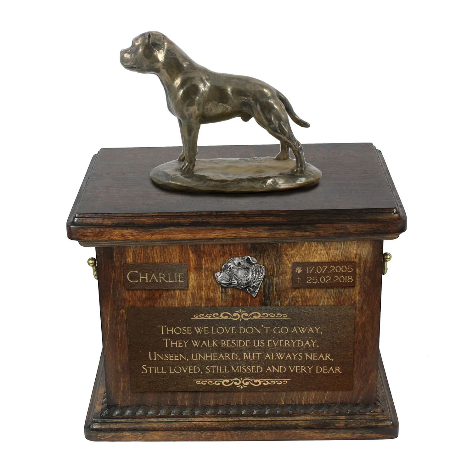 Persoonlijke urn voor Staffordshire Bull Terrier met beeldje