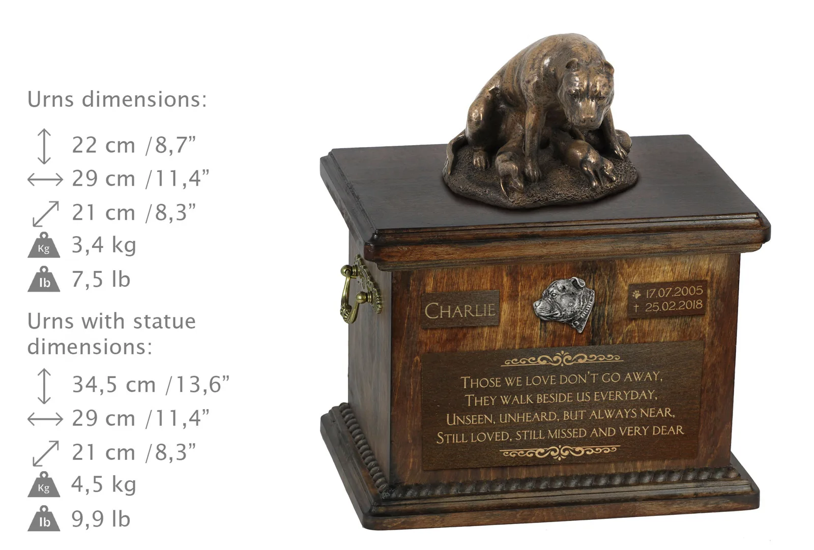 Persoonlijke urn voor Staffordshire Bull Terrier met beeldje en as. — foto 3