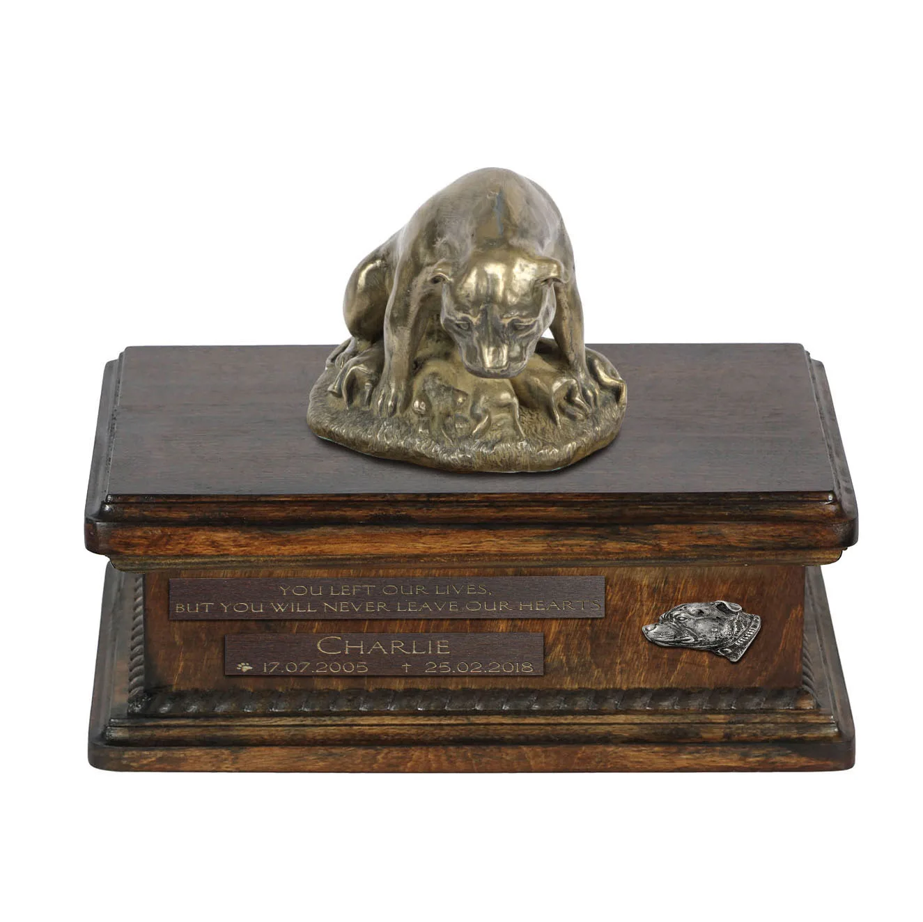 Persoonlijke urn voor Staffordshire Bull Terrier met beeldje en houtafwerking