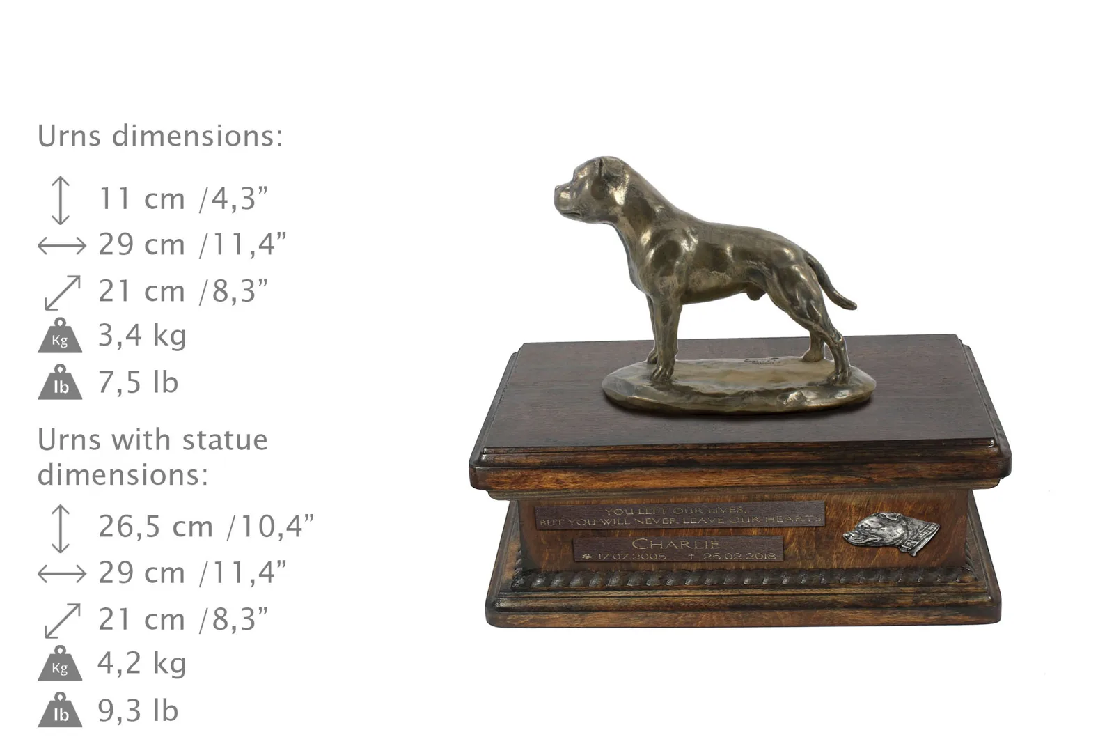 Persoonlijke urn voor Staffordshire Bull Terrier met beeldje en houten design — foto 4