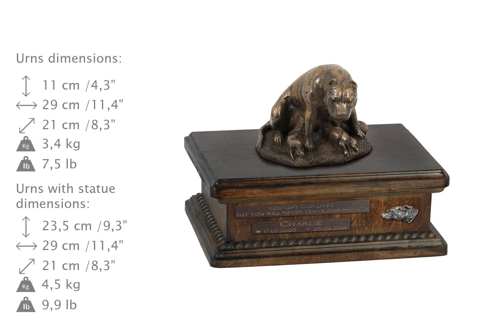 Persoonlijke urn voor Staffordshire Bull Terrier met beeldje en houten design — foto 4