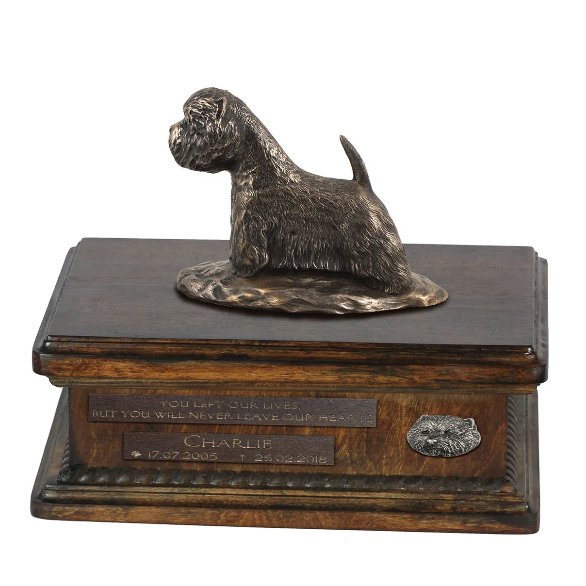 Persoonlijke urn voor West Highland White Terrier met beeldje en houtafwerking