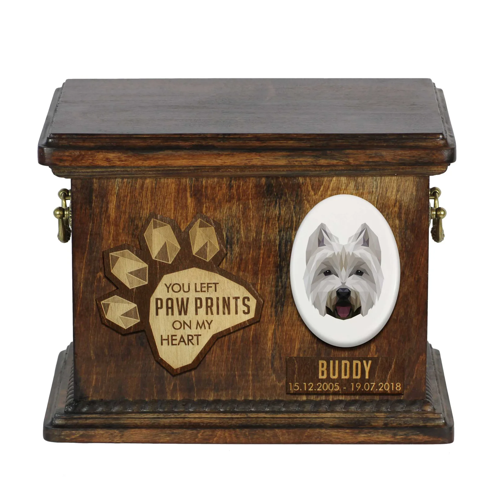 Persoonlijke urn voor West Highland White Terrier met gravure en herinneringsdoos
