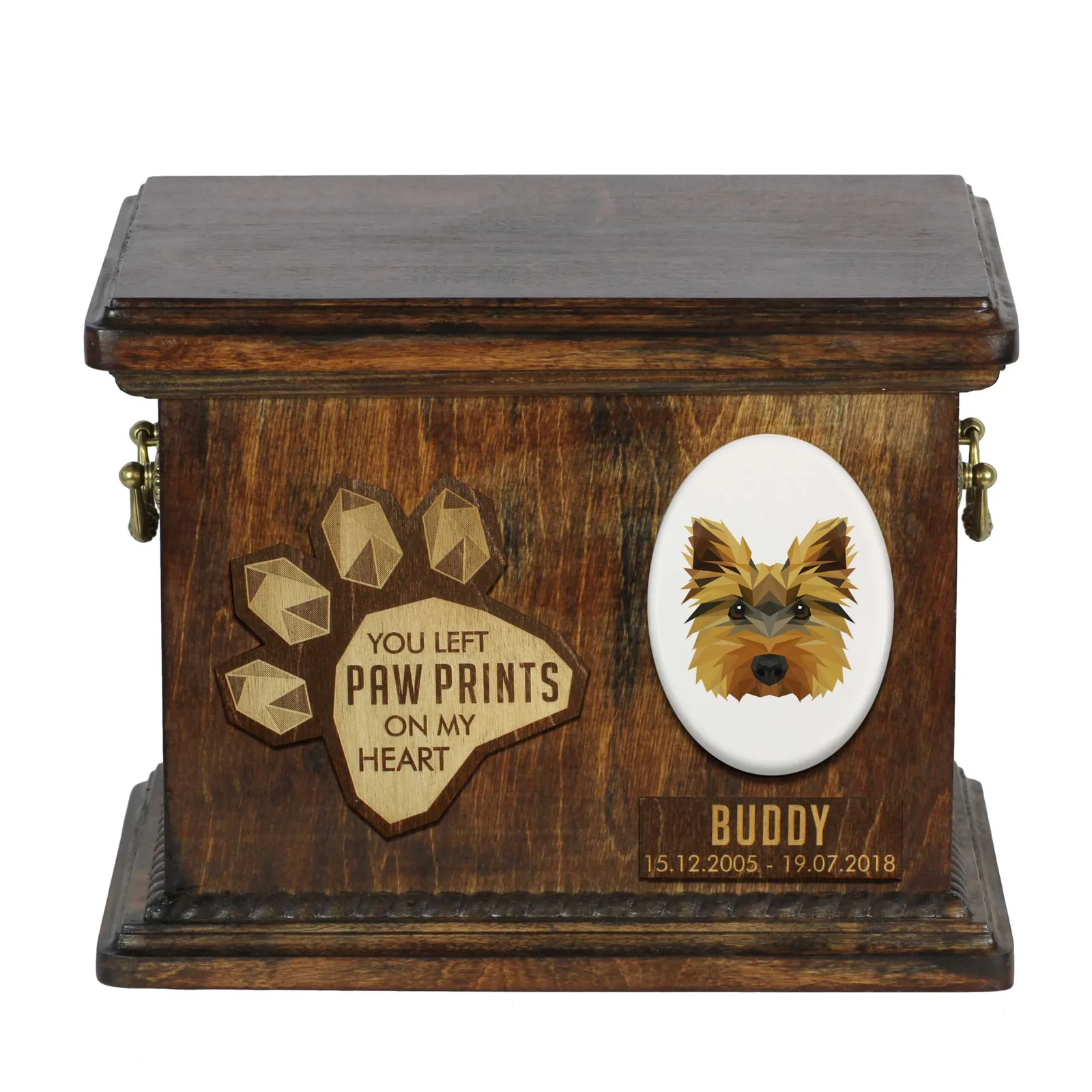 Persoonlijke urn voor Yorkshire Terrier as met gravure en gedenkdoos