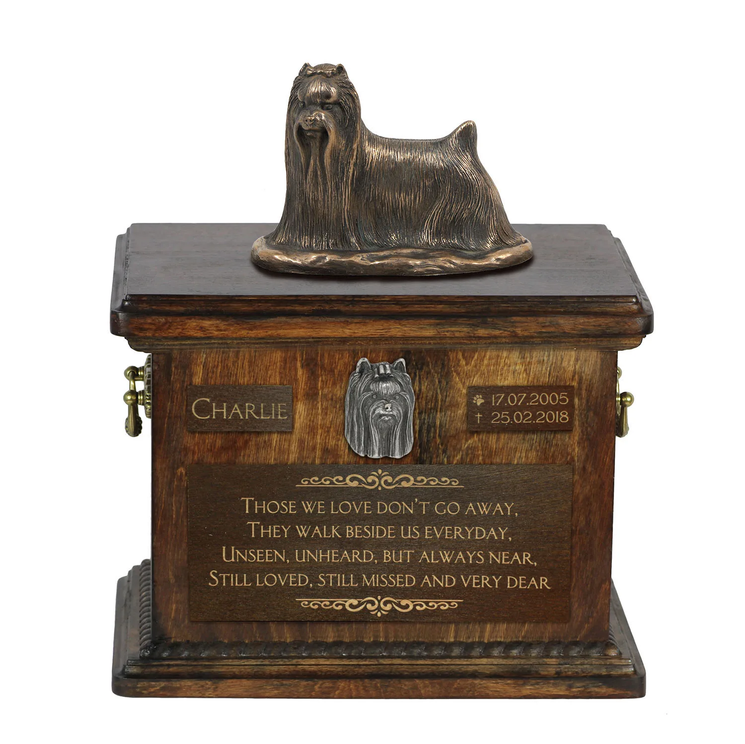 Persoonlijke urn voor Yorkshire Terrier met beeldje voor hondenas.