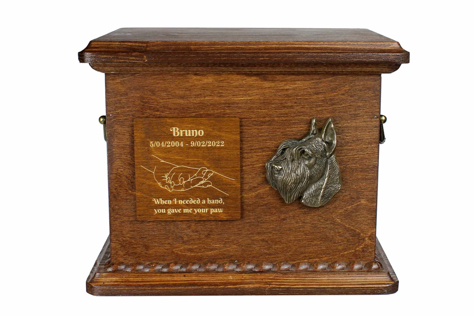 Schnauzer urn – gepersonaliseerde urn met gravure en reliëf voor hondenas