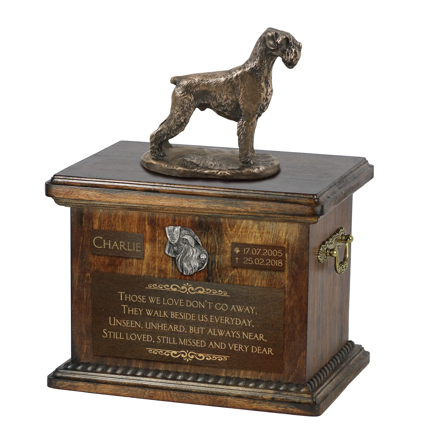 Schnauzer urn met beeldje – gepersonaliseerde urn voor hondenas