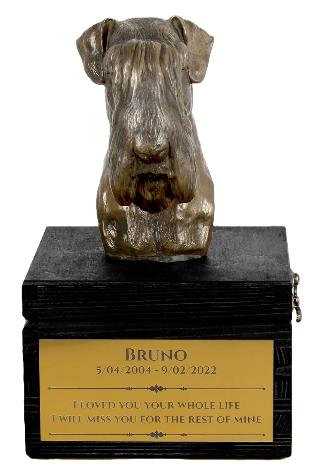 Schnauzer urn met gravure en hondensculptuur, handgemaakt kunstwerk