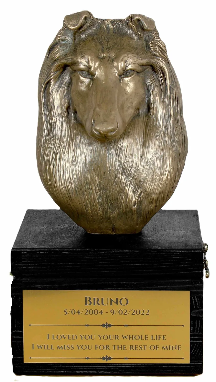 Sculptuur en urn van Schotse Herdershond met gravure, handgemaakt.