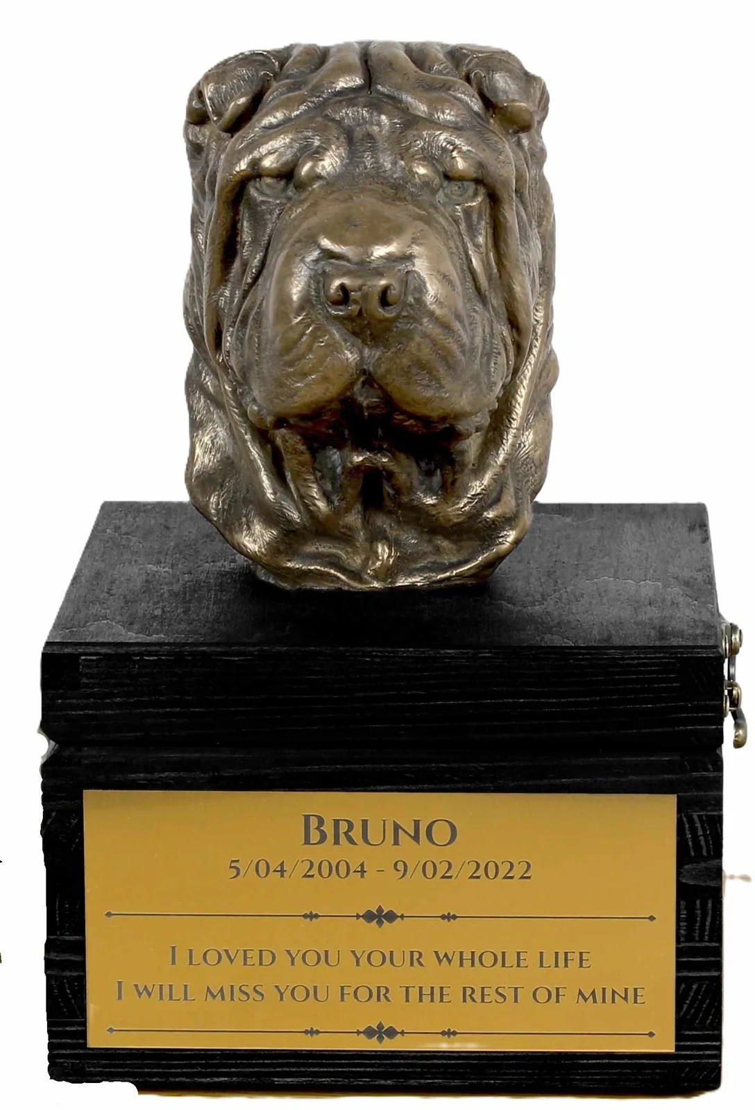Shar Pei urn met gravure en hondensculptuur, handgemaakt kunstwerk