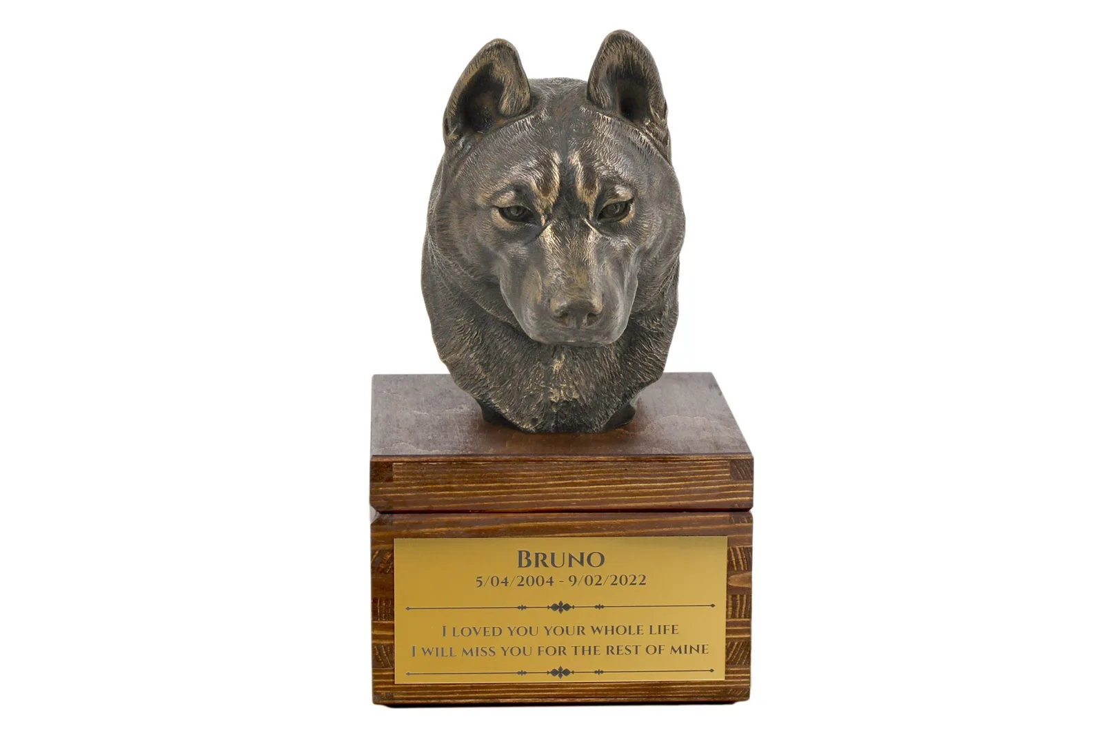 Siberische Husky urn met hondenbeeldje – gepersonaliseerde hondenurn