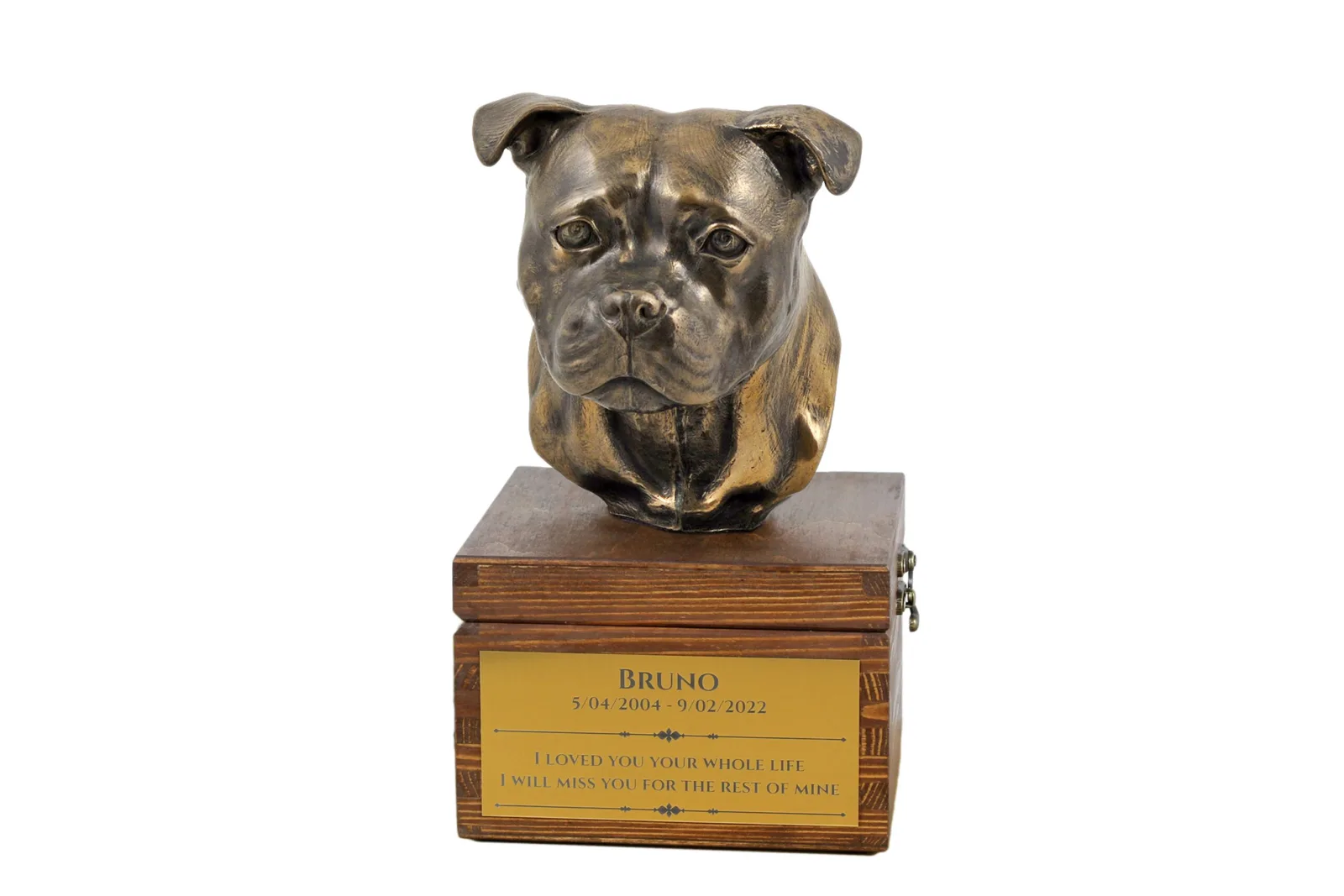 Staffordshire Bull Terrier urn met beeldje – gepersonaliseerde hondenurn