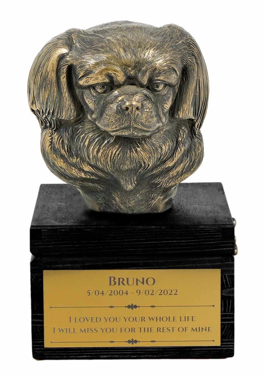 Tibetaanse Spaniel urn met gravure en hondensculptuur, handgemaakt