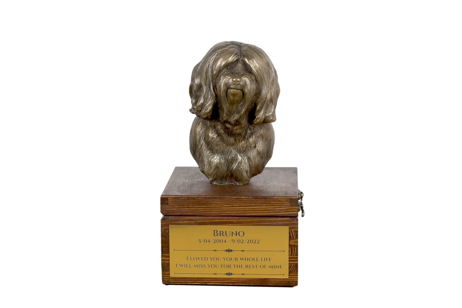 Tibetaanse Terrier urn met hondenbeeldje – gepersonaliseerde hondenurn