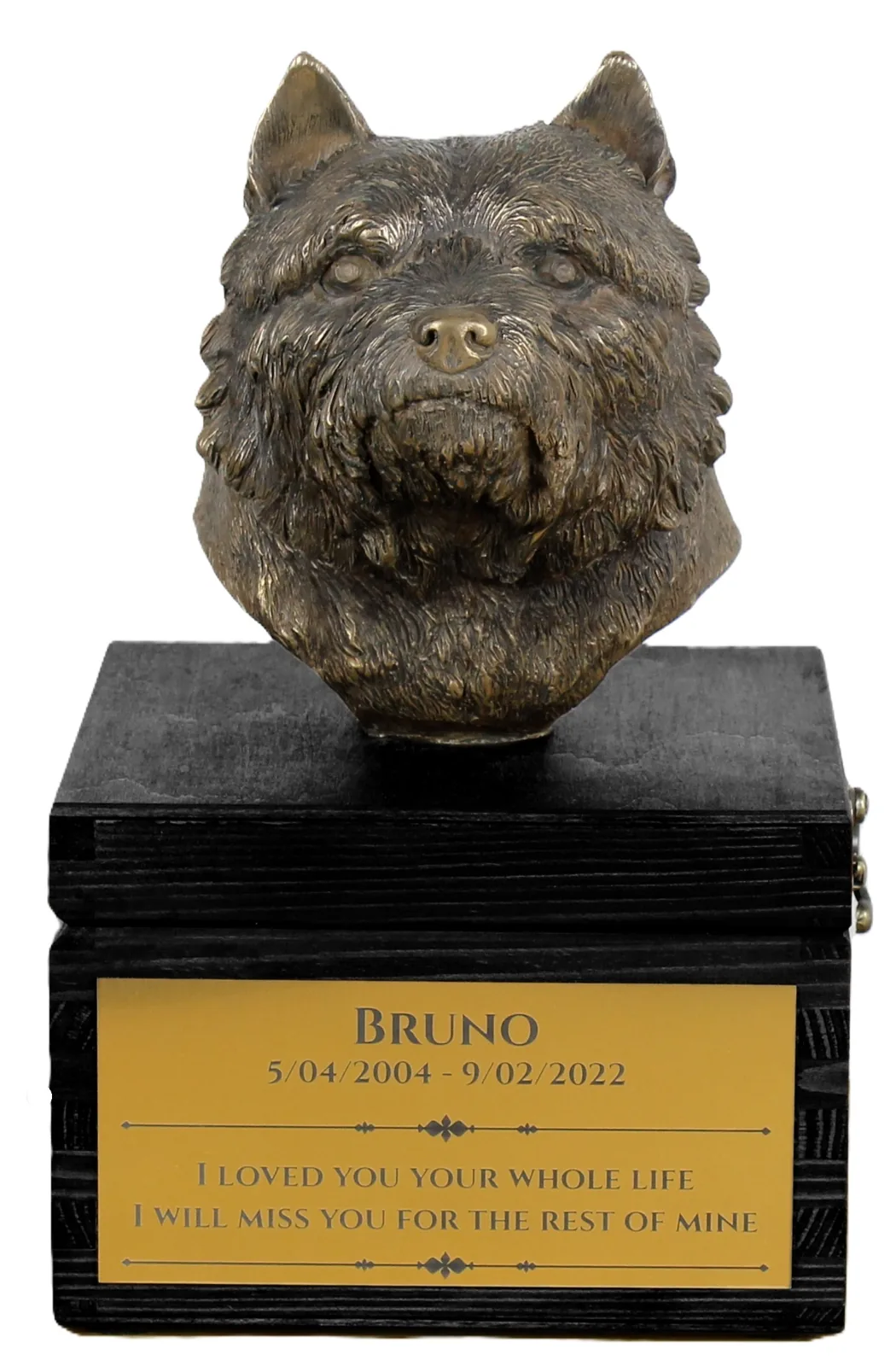 Urn met gravure en hondensculptuur voor Norwich Terrier